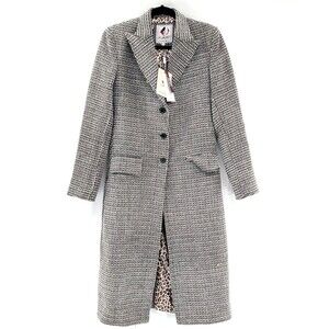 J4 Jacket Long Black White Grain Leather Woven Collared Button Up Slits Size S